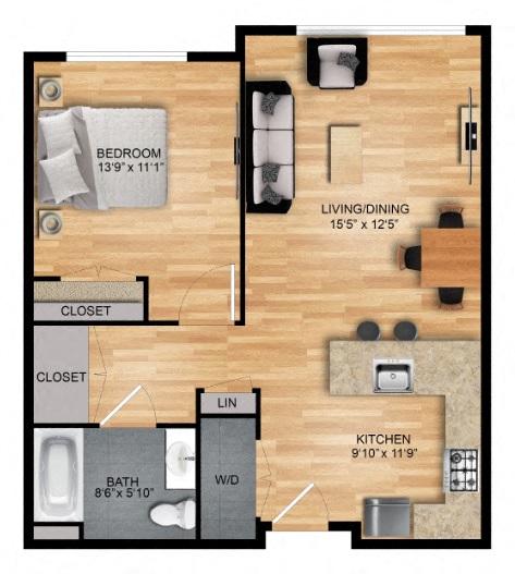 Floor plan for 1 bed, 1 bath, 650 sqft